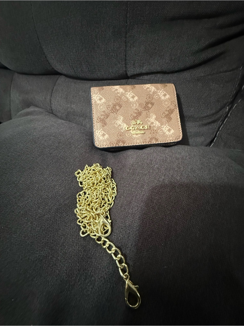 Signature Canvas Card Holder/purse with Detachable Gold Chain - Brown